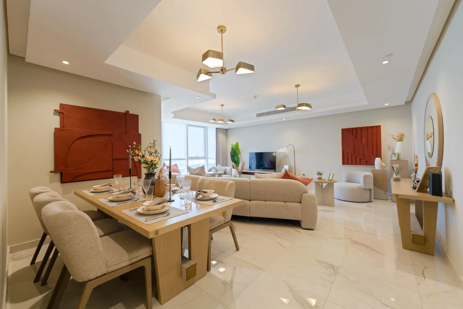 Open-plan living and dining space at Leaf Tower with contemporary residential interiors.