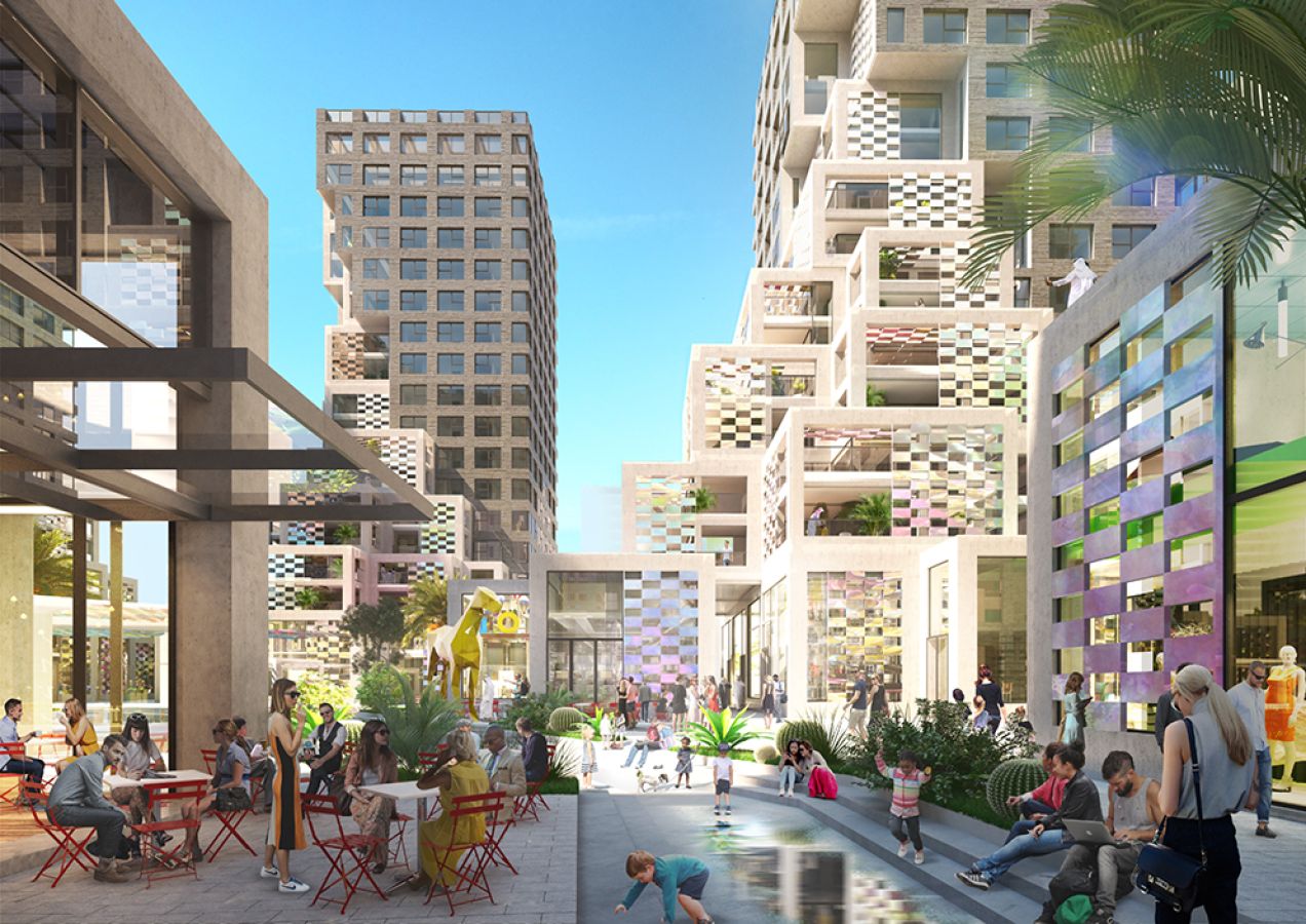 Pixel development featuring modern architecture, vibrant community spaces, and contemporary residential designs